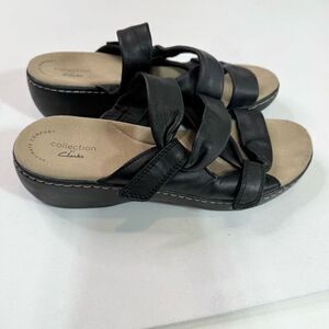 Clarks Collection Sandals Shoes Womens 8.5 Black Leather Slide Hook Loop Wedge